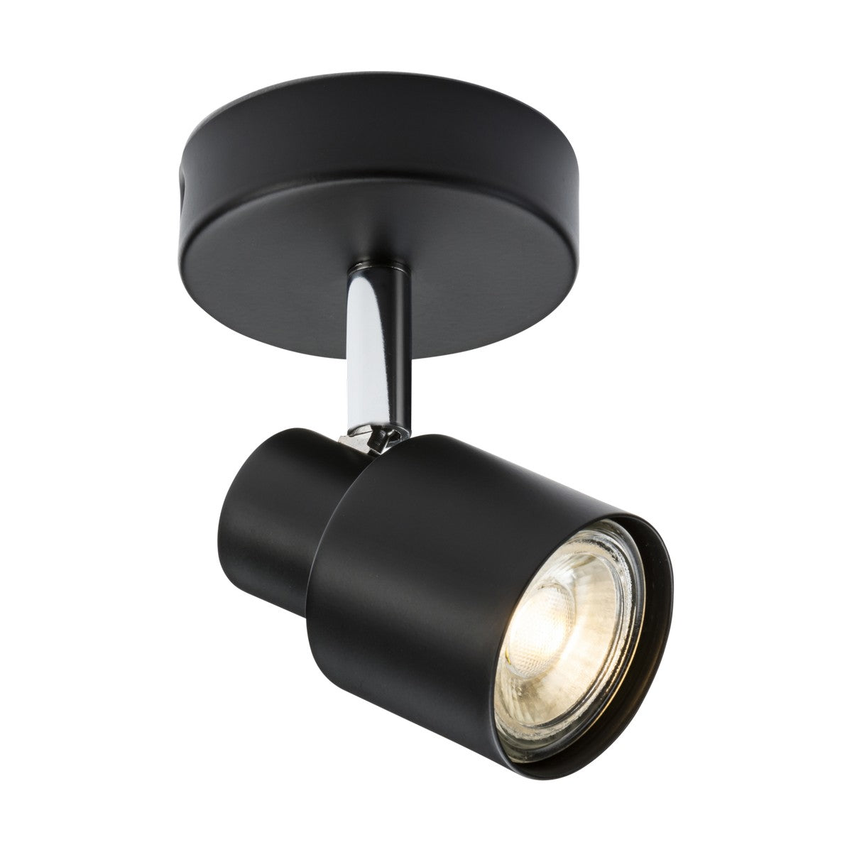 Introducing the Single Spotlight - Matt Black, a contemporary cylindrical spotlight fixture with a round ceiling mount. The GU10 spotlight is designed to angle downward, providing sleek and focused lighting for modern spaces.