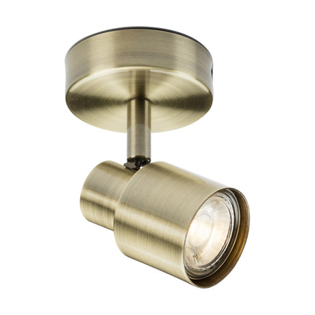 Product Data: Single Spotlight - Antique Brass
Sentence: A Single Spotlight in antique brass, boasting a cylindrical fixture with an adjustable angle. It features a dimmable option and a brushed metallic finish, complete with a round base for a sleek, modern appearance perfect for ceiling or wall installation.