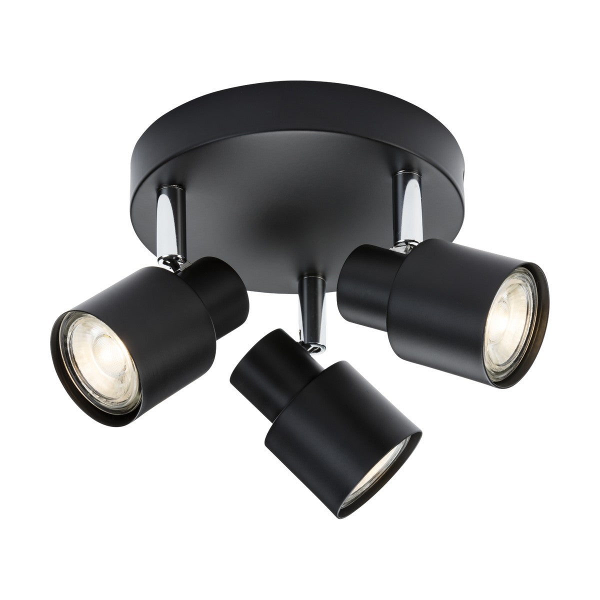 The Triple Spotlight - Matt Black is a round ceiling fixture with three adjustable GU10 spotlights. Its black finish and downward-directed lights offer a modern, sleek design suitable for various interior settings.