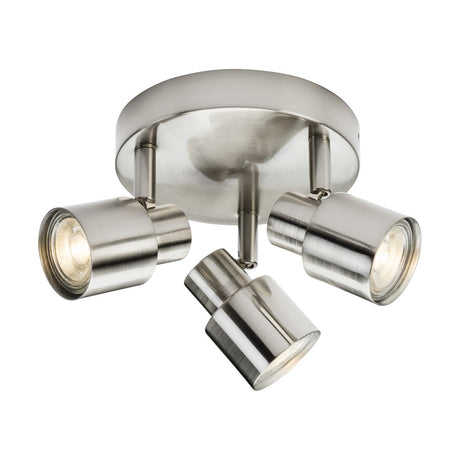Introducing the Triple Spotlight - Brushed Chrome: This contemporary ceiling light fixture features three GU10 spotlight heads with adjustable, sleek cylindrical designs. Each spotlight is affixed to a round base and positioned at various angles to ensure optimal illumination.