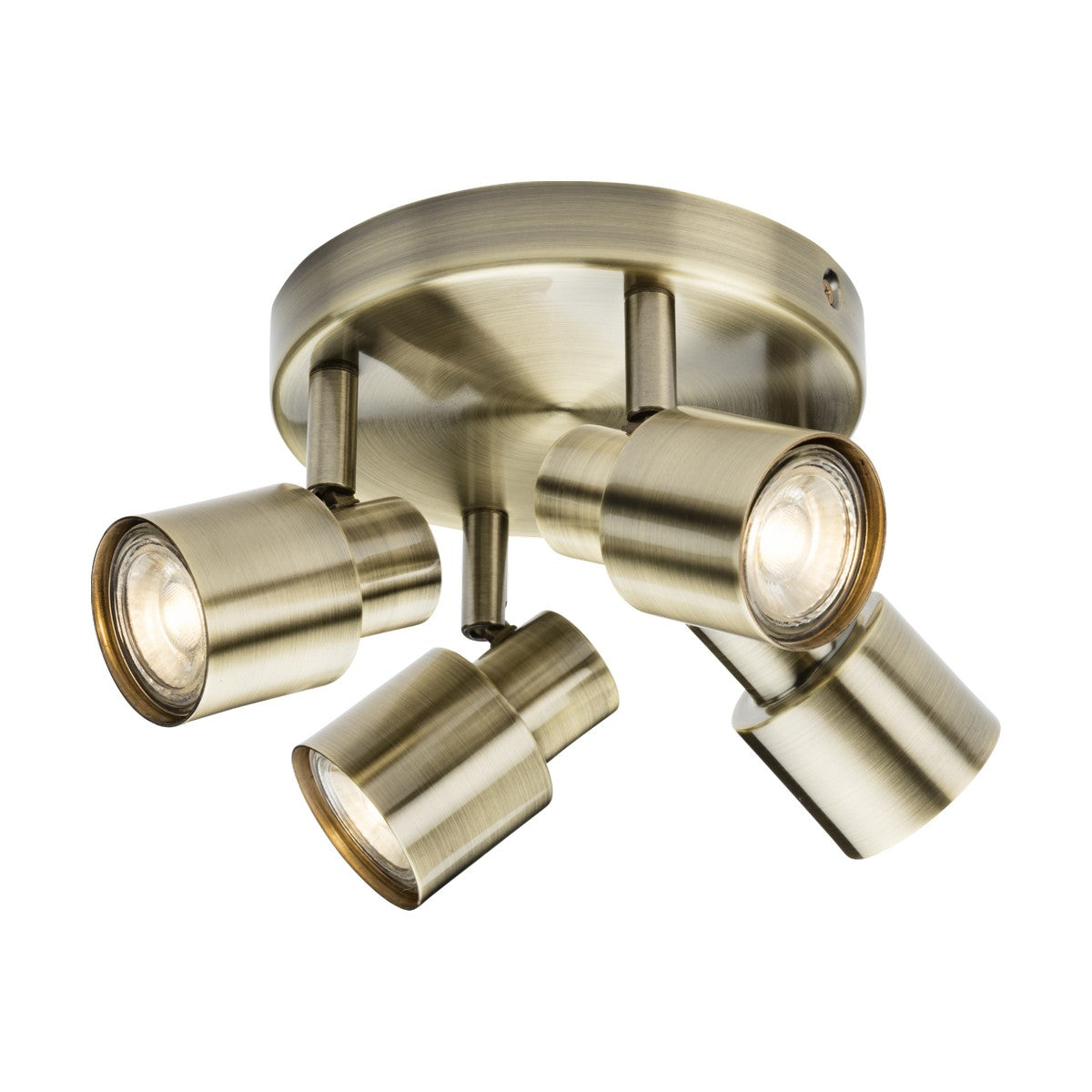 The Quad Spotlight - Antique Brass features four adjustable cylindrical lights on a circular base, combining modern design with an antique brass finish. It accommodates GU10 spotlights and offers versatile illumination with its adjustable directional heads.