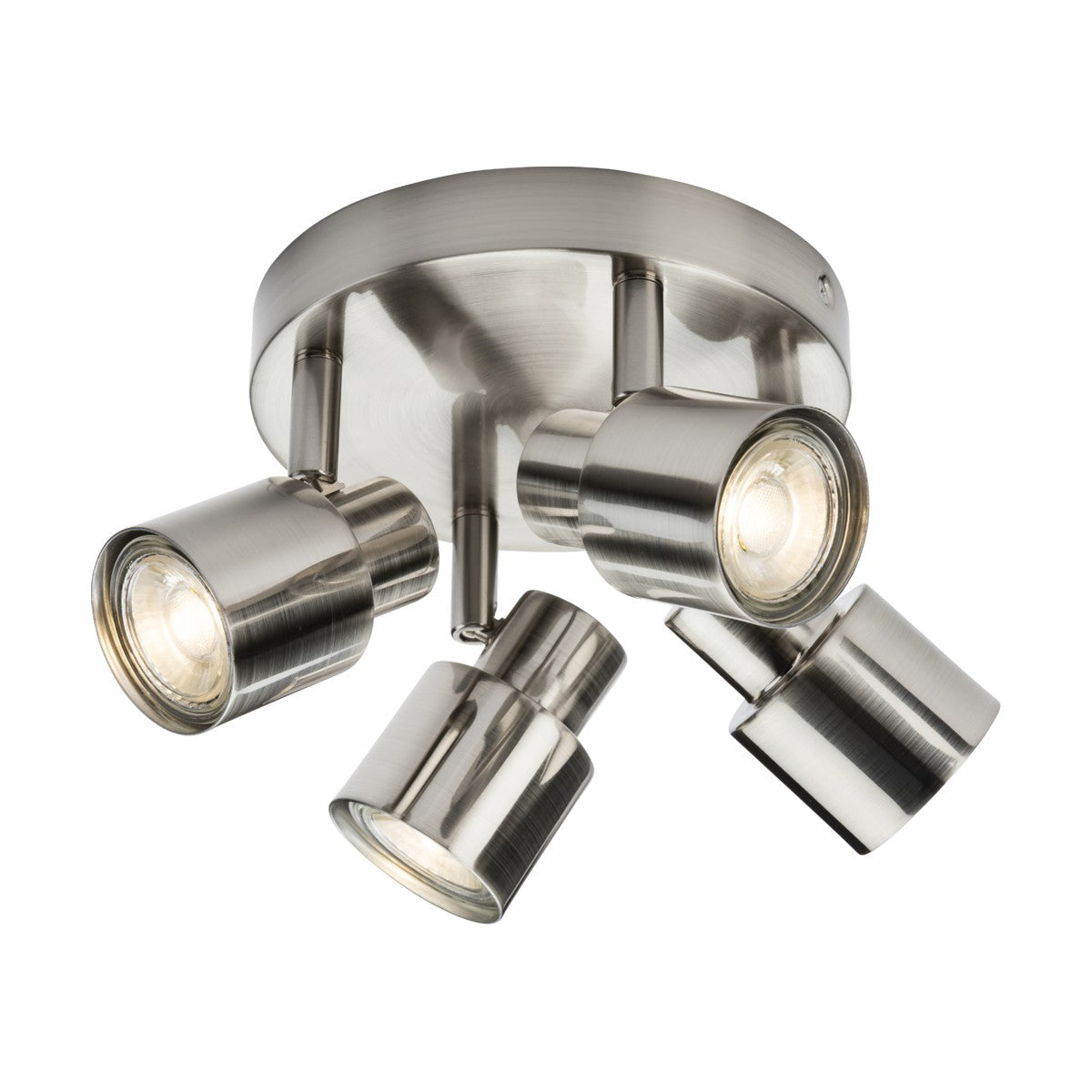 The Quad Spotlight - Brushed Chrome is a ceiling fixture with four GU10 spotlight bulbs and adjustable heads on a circular base. Featuring a modern design, it boasts smooth metallic finishes and streamlined shapes, making it ideal for contemporary interiors.