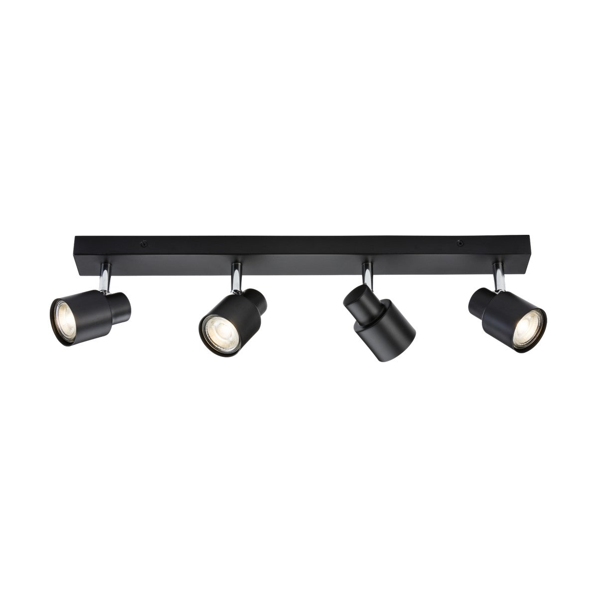 The Quad Bar Spotlight - Matt Black is a contemporary ceiling track light fixture equipped with four adjustable directional heads. Mounted on a sleek rectangular bar, each head faces different directions. This minimalist design incorporates GU10 spotlights for versatile illumination.