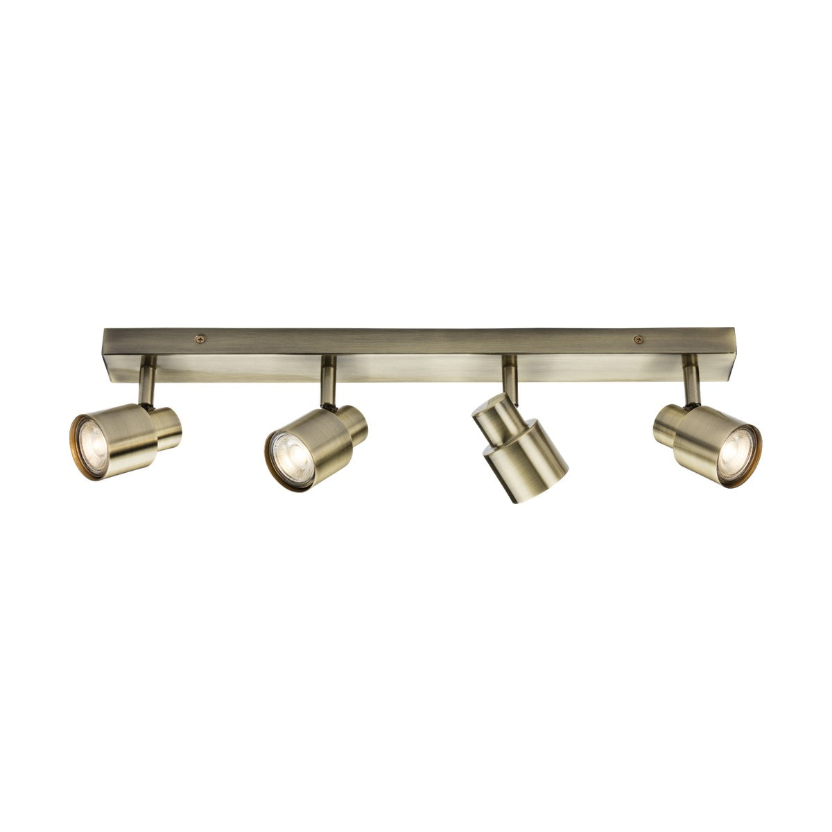 The Quad Bar Spotlight - Antique Brass is a ceiling-mounted track lighting fixture with a brass finish, featuring four adjustable directional heads on a rectangular base. It is equipped with GU10 spotlight bulbs, each featuring a cylindrical design and evenly spaced to complement any antique brass setting.