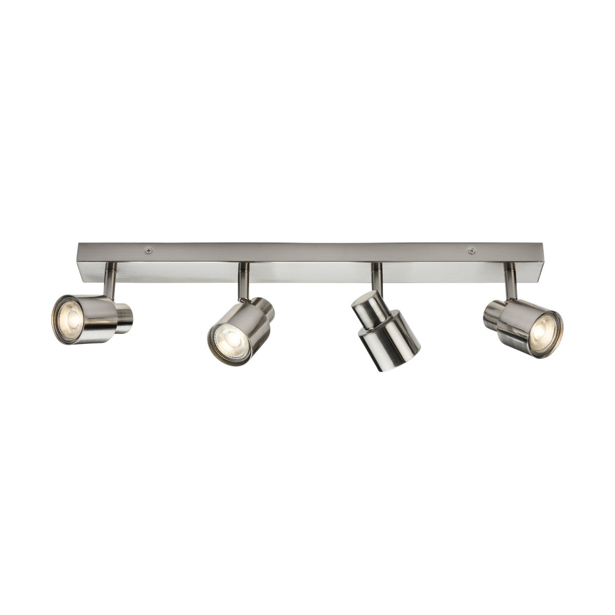 Introducing the Quad Bar Spotlight in Brushed Chrome — a rectangular ceiling light fixture with four adjustable directional heads. Each GU10 spotlight is evenly spaced along the horizontal bar, offering versatile lighting options.