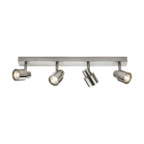 Introducing the Quad Bar Spotlight in Brushed Chrome — a rectangular ceiling light fixture with four adjustable directional heads. Each GU10 spotlight is evenly spaced along the horizontal bar, offering versatile lighting options.