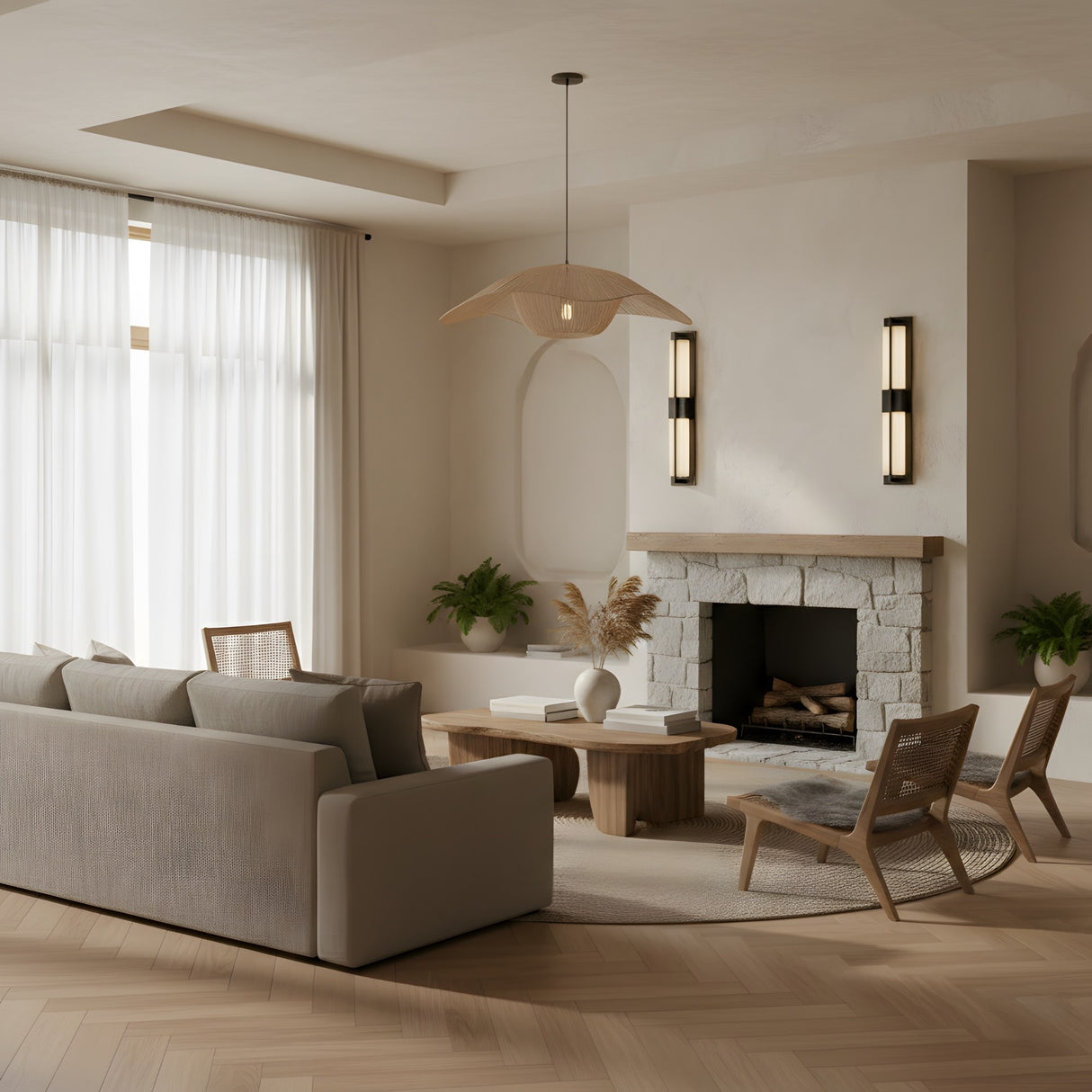 A modern living room with neutral tones features a beige sofa, wooden chairs, a coffee table, a stone fireplace, potted plants, sheer-curtained windows, and Caldera LED Small Split-Core Alabaster Wall Lights in matte black & soft white.