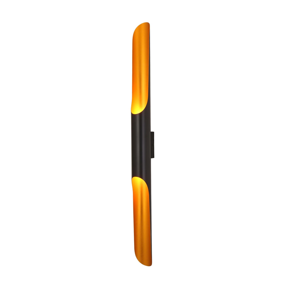 Side profile of Niori Stealth 2 Light Wall Light showing the slim matt black tubular body with brushed brass scoops at each end.