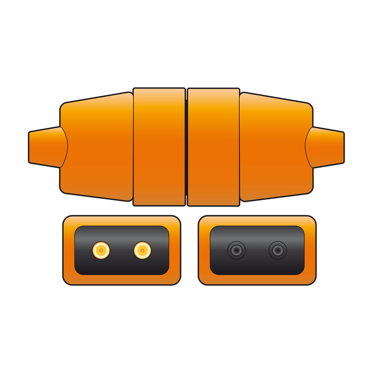 Mercury 2-pin 10A in-line connector by AVSL in orange rubber, separated halves revealing brass pin terminals and socket contacts inside black housings.