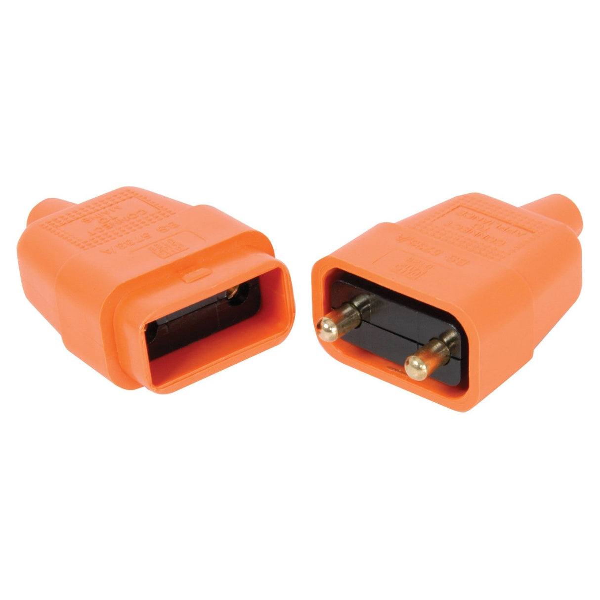 The image features two Mercury Rubber 2pin 10A Orange electrical connectors, constructed from heavy-duty rubber. One connector is equipped with two metal prongs, while the other has corresponding slots. These in-line connectors are designed to be compatible with up to 250Vac, and are positioned facing each other to emphasize their durability and perfect fit.