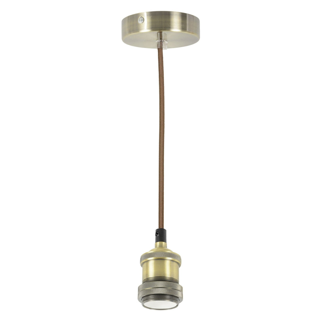 The LYYT ES Pendant Set - Antique Brass features a brass pendant light fixture with a cylindrical E27 lamp holder hanging from a round ceiling mount. Complemented by its brown cord and antique brass finish, this set elegantly combines simple, industrial design with vintage-style LED filament lamps for a timeless look.