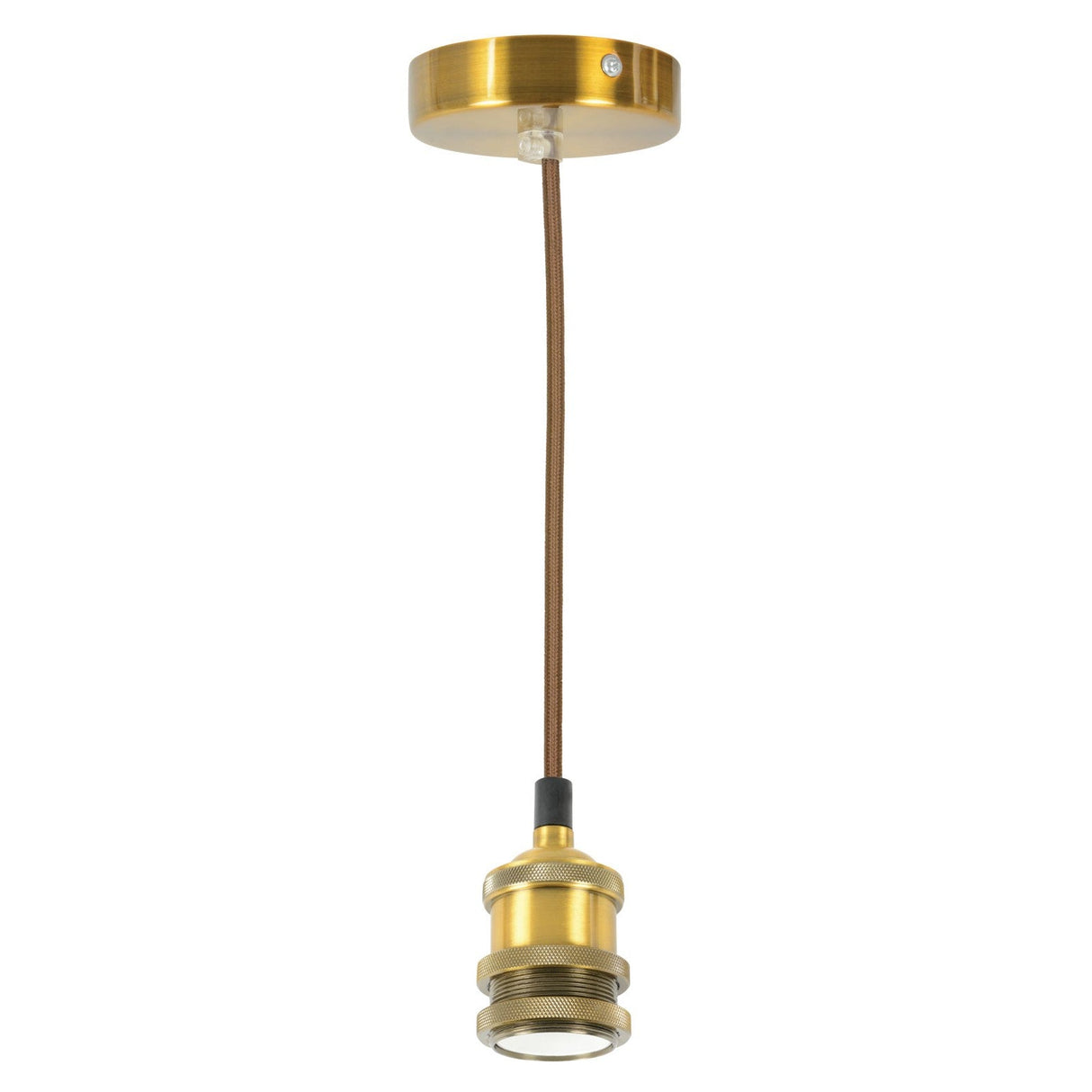 The LYYT ES Pendant Set - Antique Gold is a brass-colored light fixture featuring a minimalist and industrial design with an antique gold finish. It includes a cylindrical E27 lamp holder and hangs from the ceiling by a braided cord.