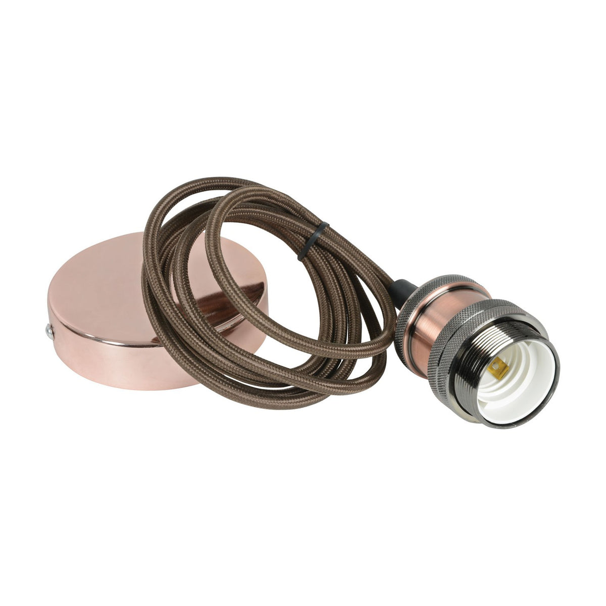 LYYT ES Pendant Set in antique copper with E27 lamp holder, knurled grip rings, braided cable, and round ceiling rose on a white background.