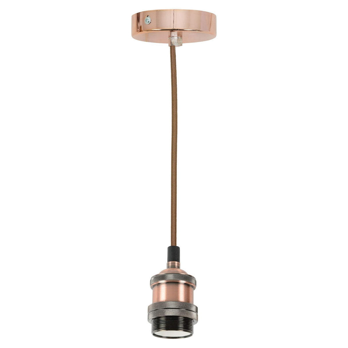 Introducing the LYYT ES Pendant Set - Antique Copper: a minimalist industrial lighting fixture that features an antique copper finish. It includes an E27 lamp holder and a braided cord, complemented by a matching ceiling mount. Perfectly suited for pairing with vintage-style LED filament lamps.