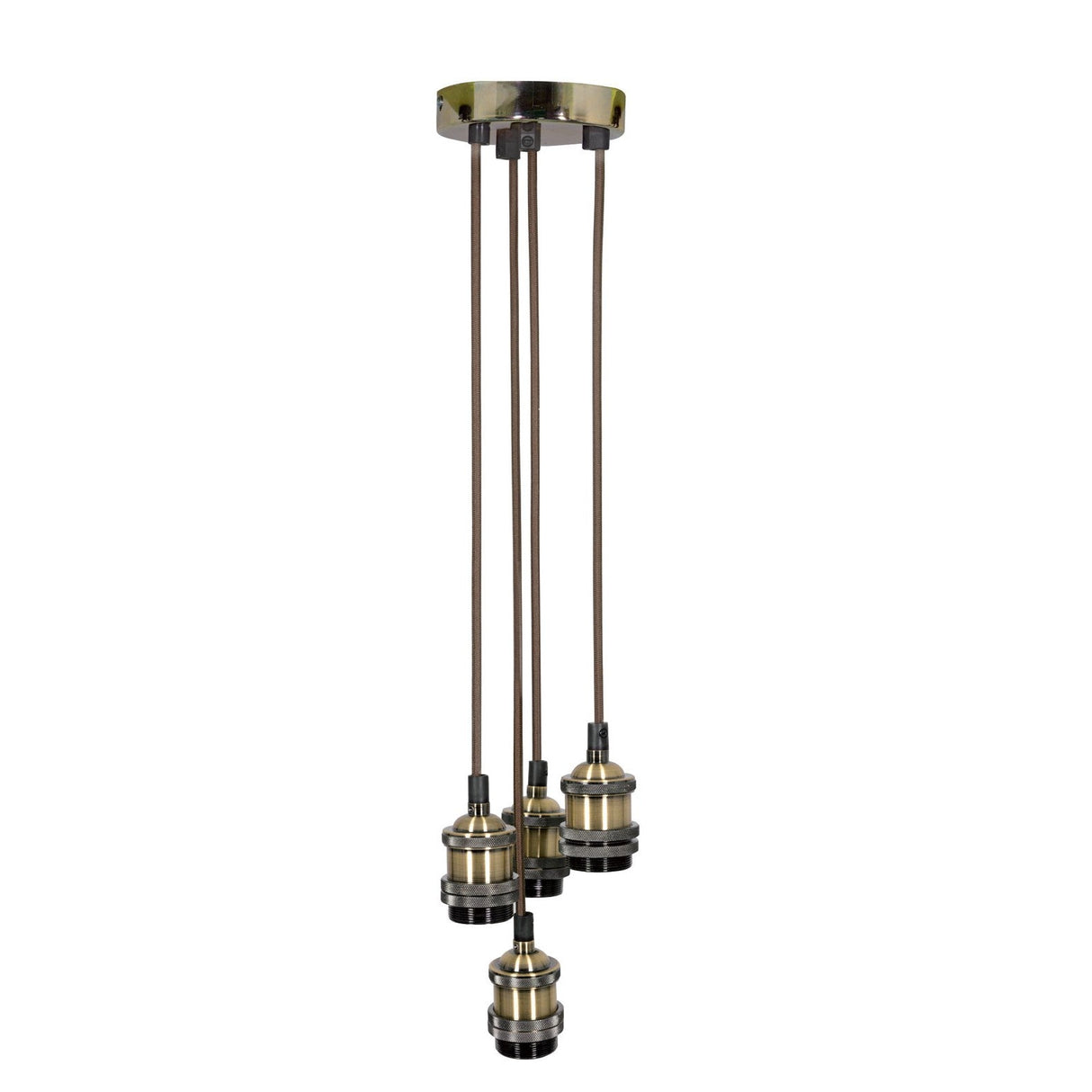 The LYYT ES Quad Pendant Set in Antique Brass showcases a contemporary pendant light design with four vintage-style E27 lamp holders suspended from a round metal ceiling mount. The brown cords add elegance, making it an ideal addition to any retro lighting scheme. Bulbs are not included.