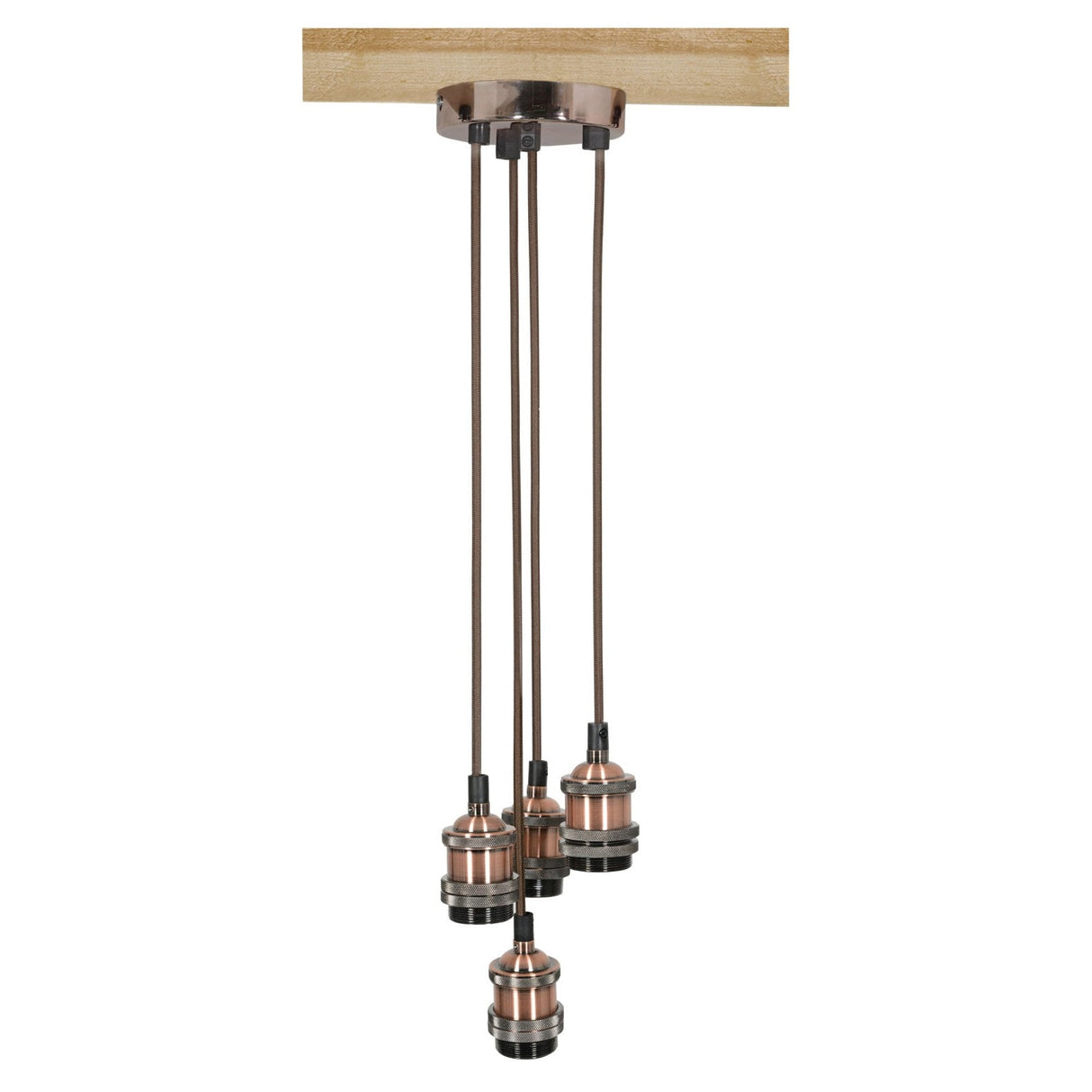 The LYYT ES Quad Pendant Set in Antique Copper features four industrial-style pendant light fixtures hanging from a ceiling mount with brown cords. Equipped with E27 lamp holders and a copper finish, these lights are clustered together to enhance your retro lighting scheme, making them ideal for both modern and rustic decor settings.