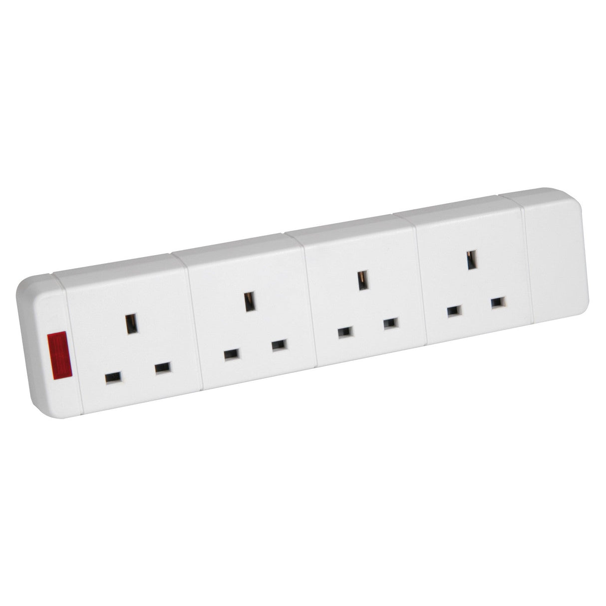The Mercury 4 Gang 13A Trailing Socket With Neon - White is a UK extension lead with four outlets and a left-side red power switch, ideal for safely powering multiple devices.