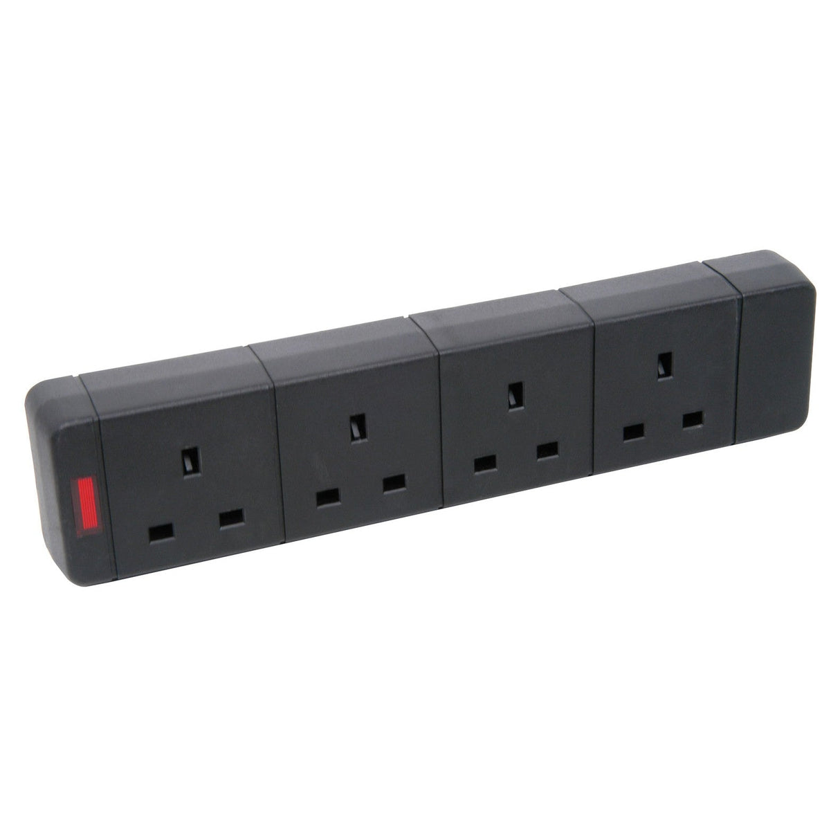 The Mercury 4 Gang 13A Trailing Socket With Neon in black features UK outlets and a neon power switch on the left end.