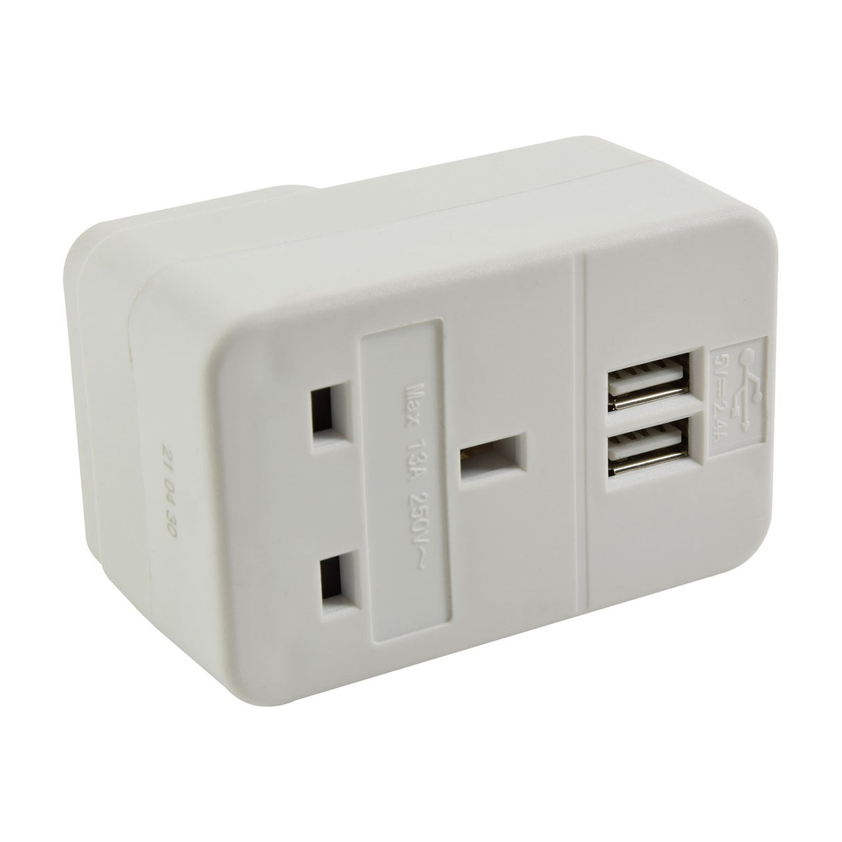 Mercury 1 way white mains adaptor by AVSL with UK 13A pass-through socket and two USB-A charging ports, shown on a plain white background.