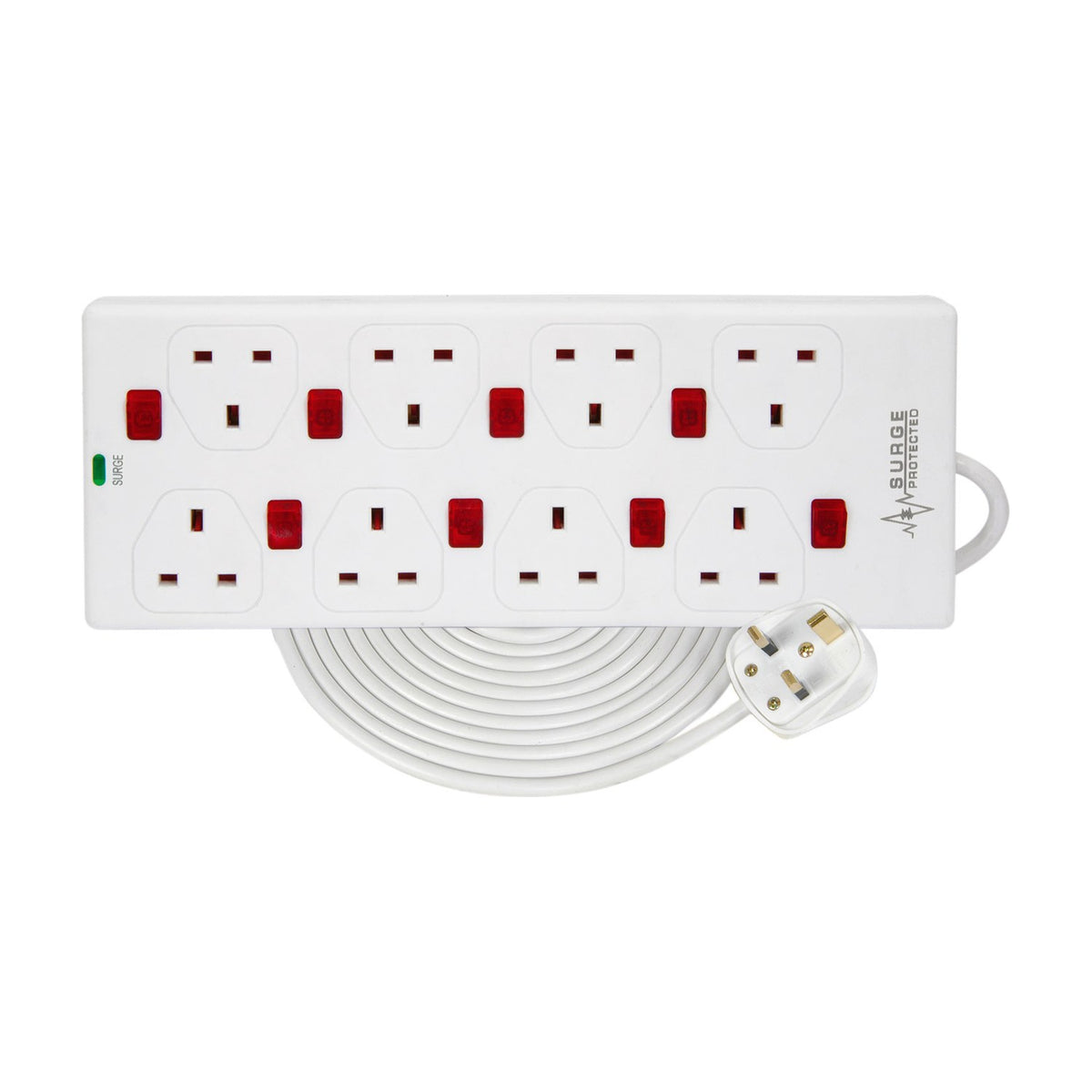 Mercury 8 gang white extension lead with individual red neon switches, surge indicator and coiled 2m cable with UK plug on a white background.