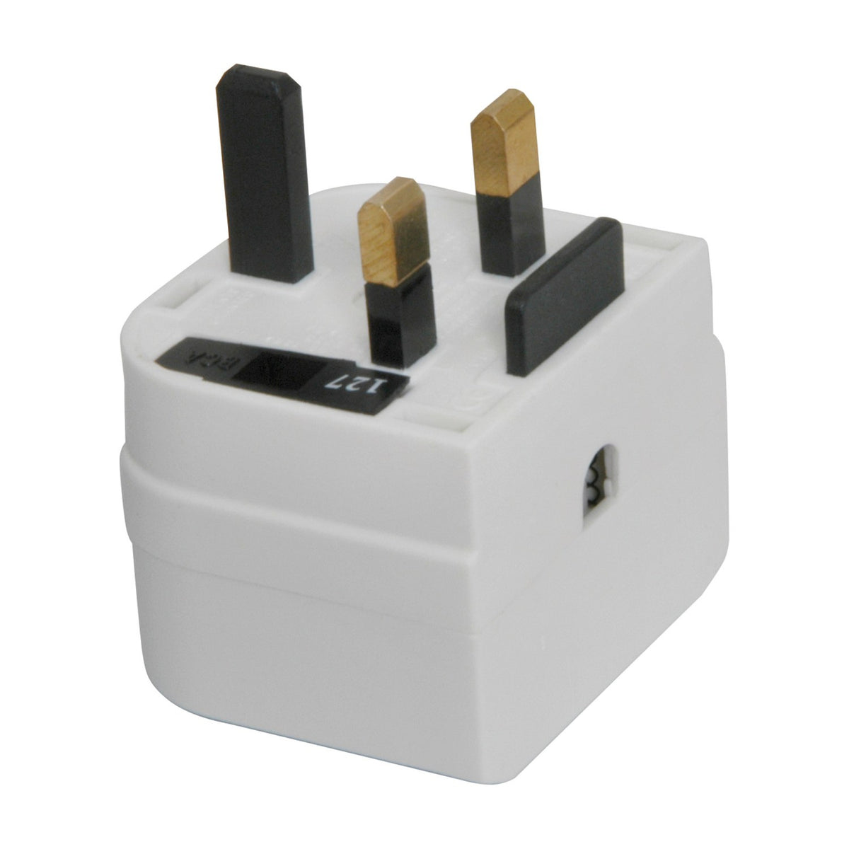 Mercury BCA Euro to UK converter plug in white with three-pin BS1363 prongs and 3A fuse, shown against a plain white background.
