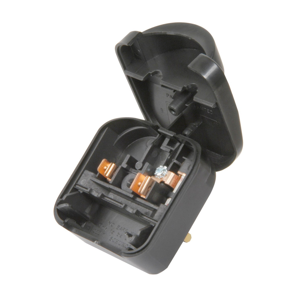 Mercury SCP Euro to UK converter plug in black, opened to show internal 13A fuse, brass contacts and terminal screws, on a white background.