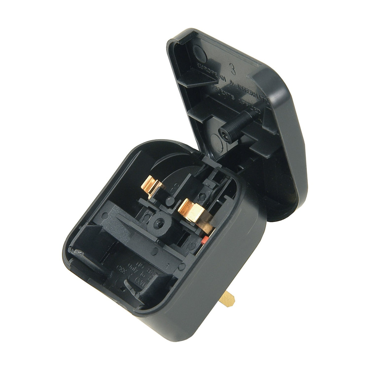 Mercury European converter plug in black, shown open to reveal the hinged fuse carrier, 5A cartridge fuse housing, and UK 3-pin base.