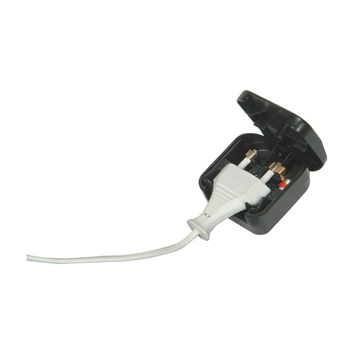 Black Mercury European converter plug open to show hinged fuse carrier with 5A fuse and white 2-pin Europlug inserted into the UK 3-pin adapter.