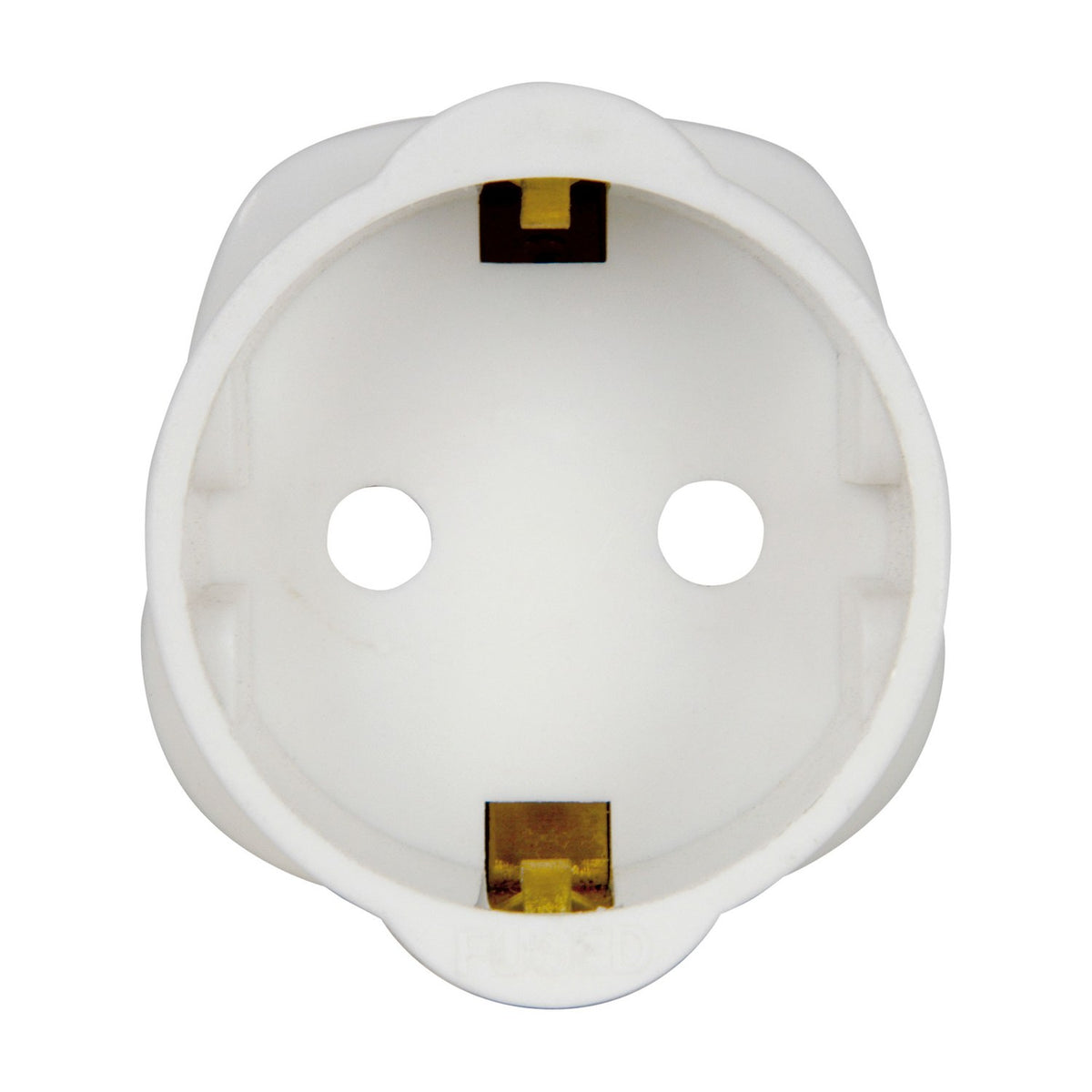 Front view of the Mercury EU Schuko to UK travel adaptor in white, showing the circular Schuko socket recess with brass contacts, on a plain background.