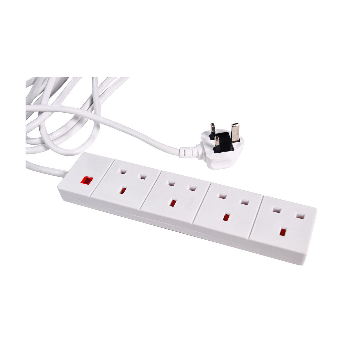Mercury 4 gang white extension lead by AVSL with four 13A UK sockets in a row, red neon indicator and coiled 3m cable with moulded UK plug.