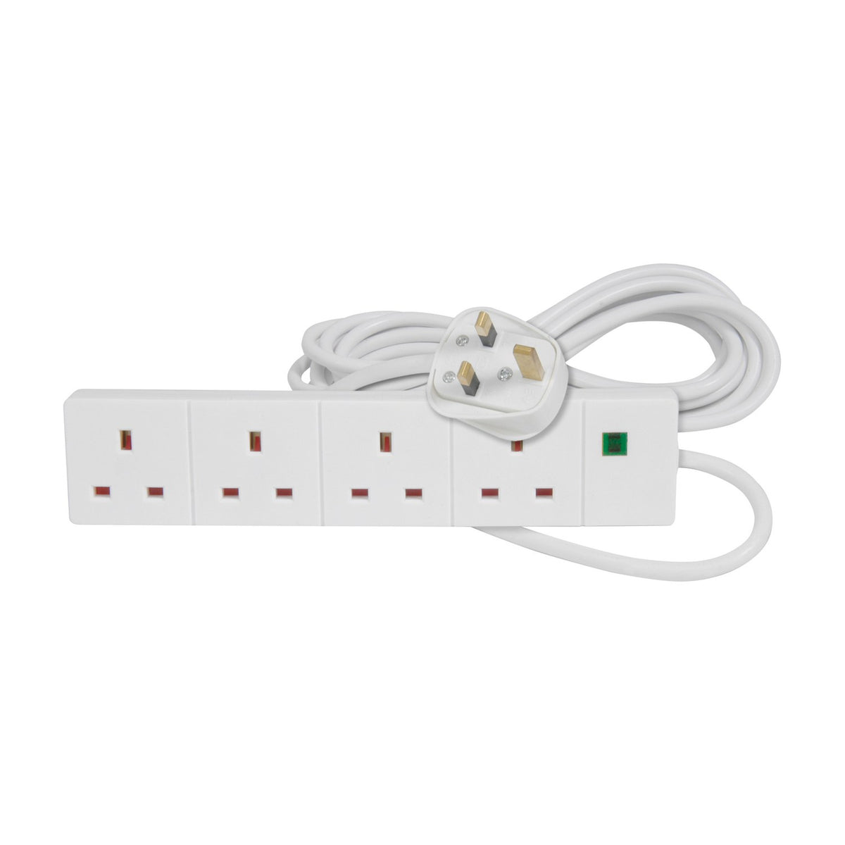 Mercury 4 gang white extension lead with surge protection, four UK sockets, green neon indicator and coiled 5m cable with moulded plug on a white background.