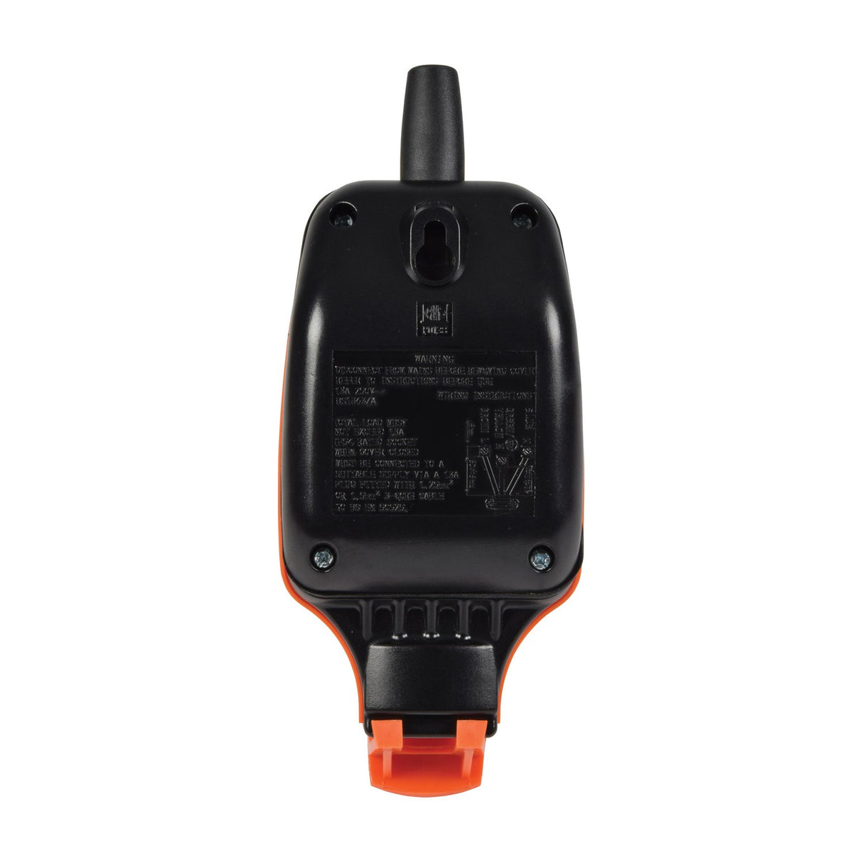 Rear view of the Mercury IP54 13A 1 gang outdoor socket by AVSL, showing the black polycarbonate back with warning label, screws and orange base.
