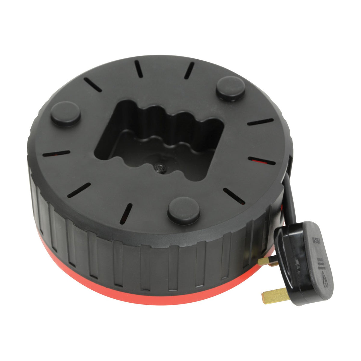 Mercury 4 gang 5m cable reel by AVSL with black enclosed drum, carry handle, red casing and UK plug, shown on a white background.