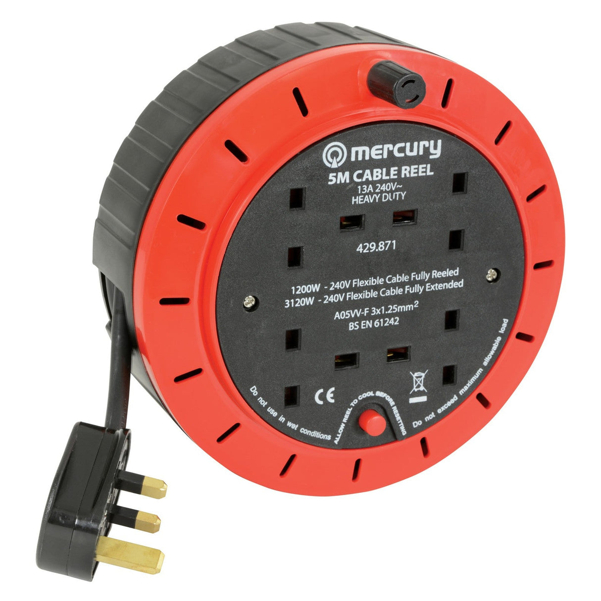 The Mercury 4-Gang 5m Cable Reel with Thermal Cut-Out, in a red and black design, includes a mains plug and three plug sockets. It features a built-in thermal cut-out and clearly labeled specifications for voltage and current to ensure safety and efficiency.
