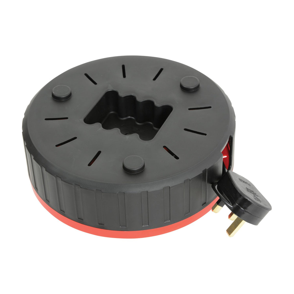 Mercury 4 gang 10m cable reel by AVSL shown from above with black enclosed drum, red trim, carry handle recess and UK 3-pin plug.
