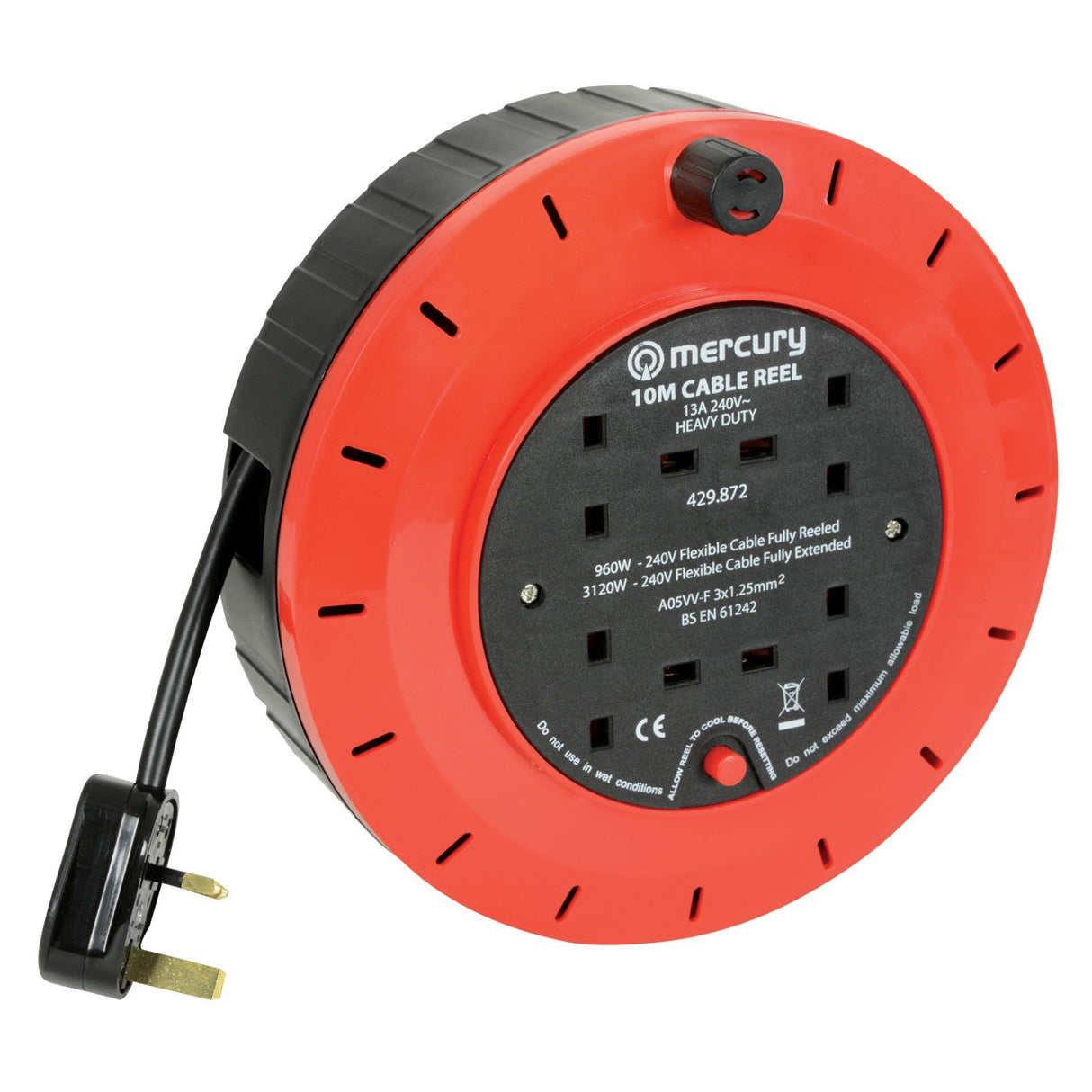 Introducing the Mercury 4-Gang 10m Cable Reel With Thermal Cut-Out: This extension cable reel comes in red and black, offering a 10-meter reach. It includes four mains sockets and a British plug, with specifications such as voltage capacity and safety standards prominently displayed on the label. A thermal cut-out feature is also included for enhanced protection.