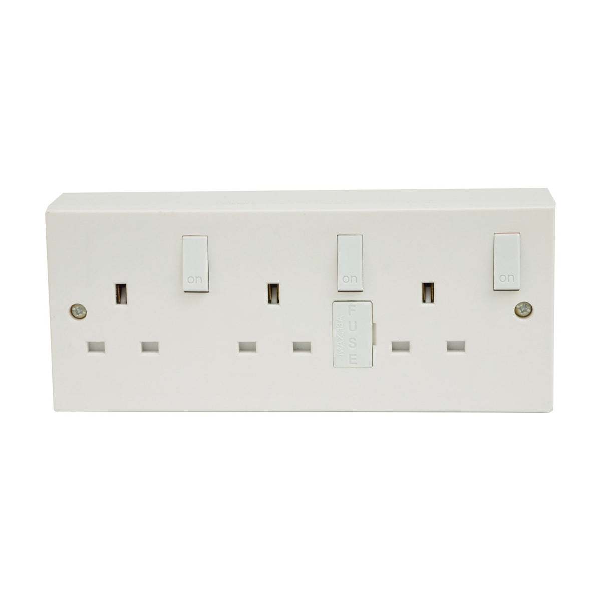 Mercury 3 gang switched fused mains outlet in white with three on rocker switches, central fuse holder and surface-mount back box on a white background.