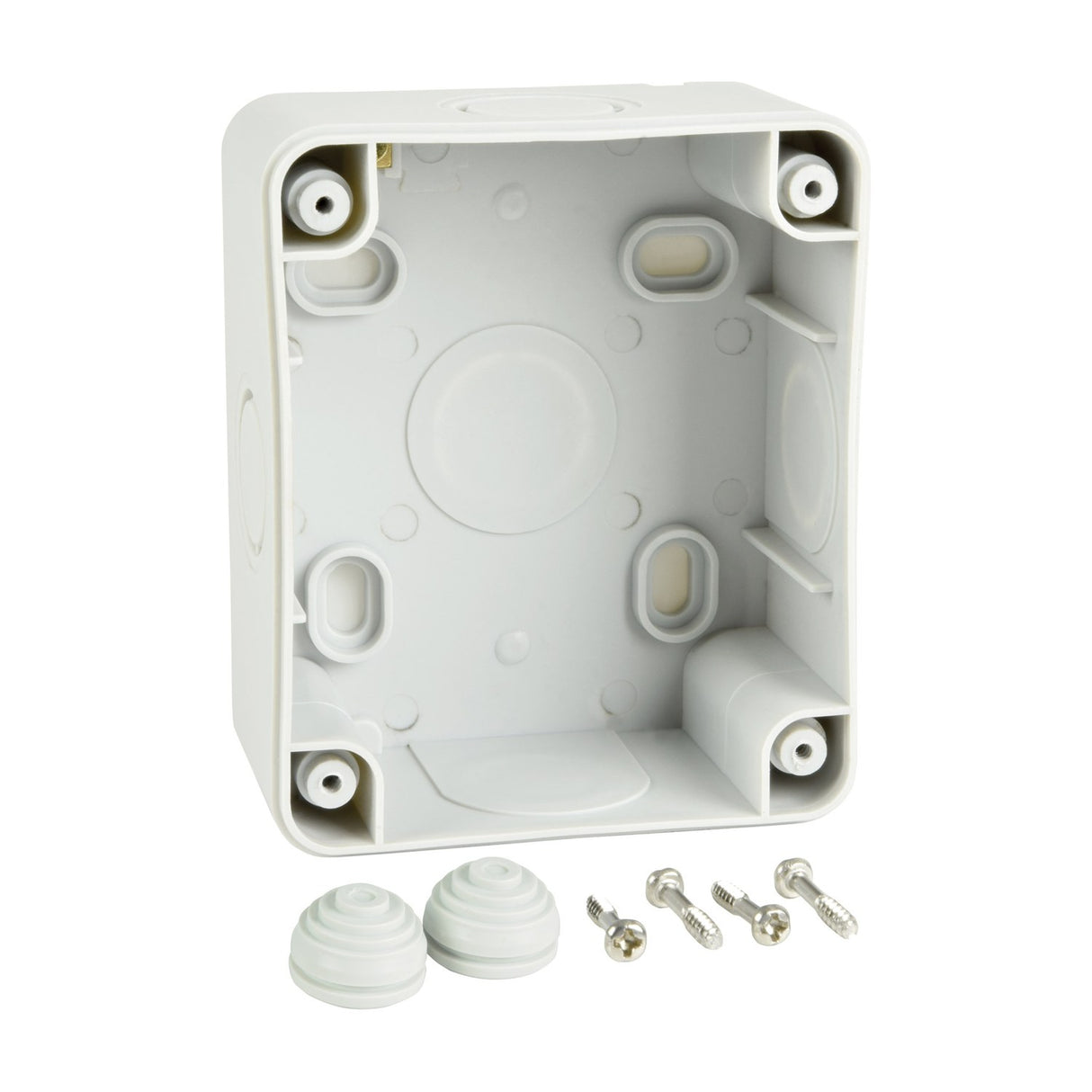 AVSL Mercury IP55 1 gang weatherproof socket white PVC back box interior shown with M20 cable glands and mounting screws on a plain white background.