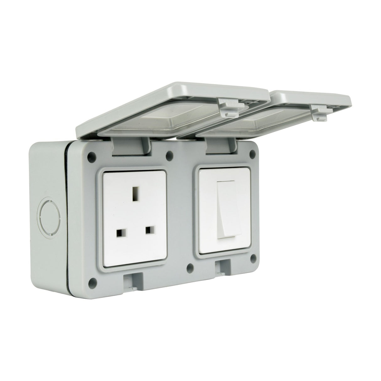 AVSL Mercury IP55 weatherproof unit with 13A socket and 1-gang switch in white behind clear hinged covers, grey polycarbonate housing on white background.