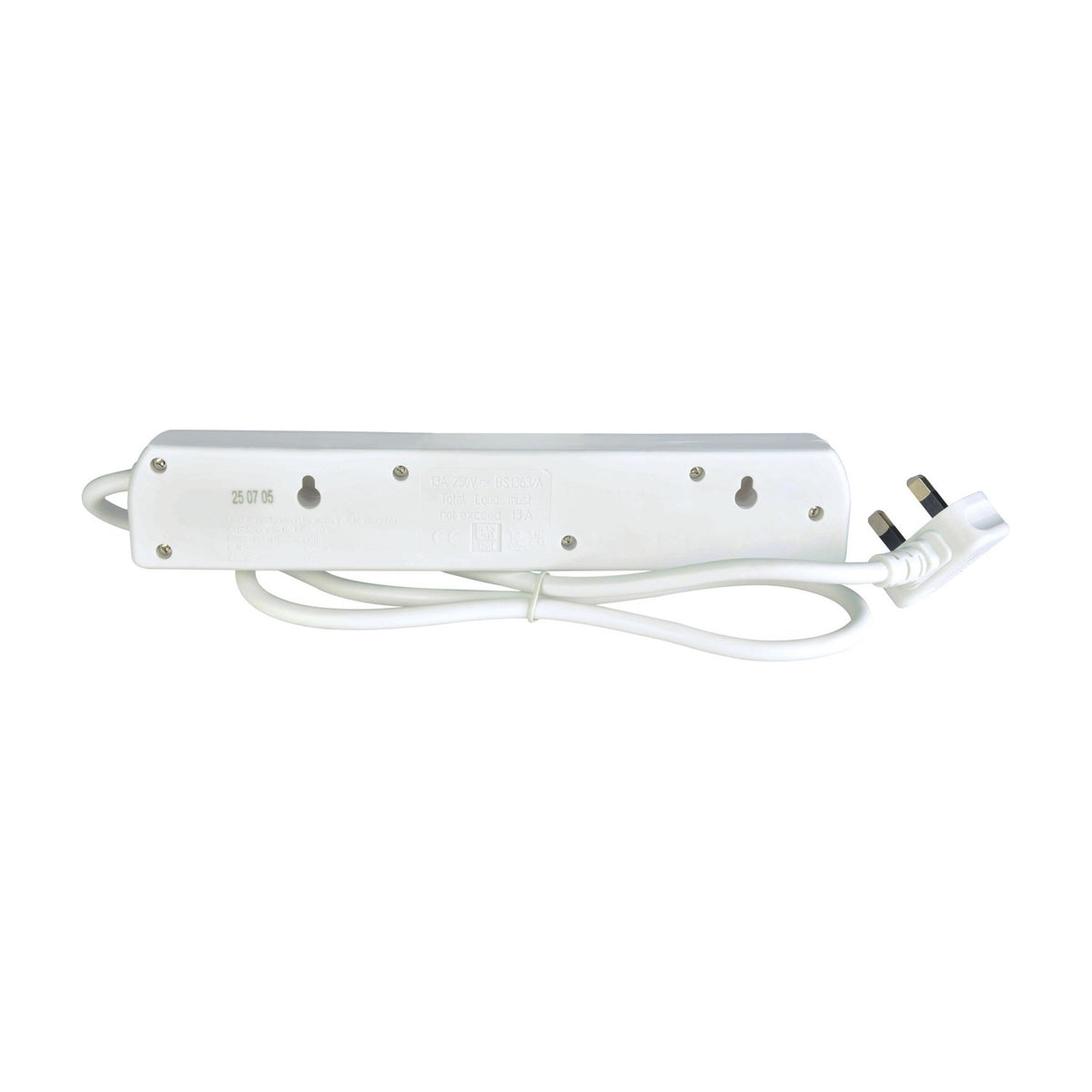 Underside view of the Mercury 4 gang extension lead in white ABS with rating label, mounting keyholes and 1m cable ending in a UK 3-pin plug.