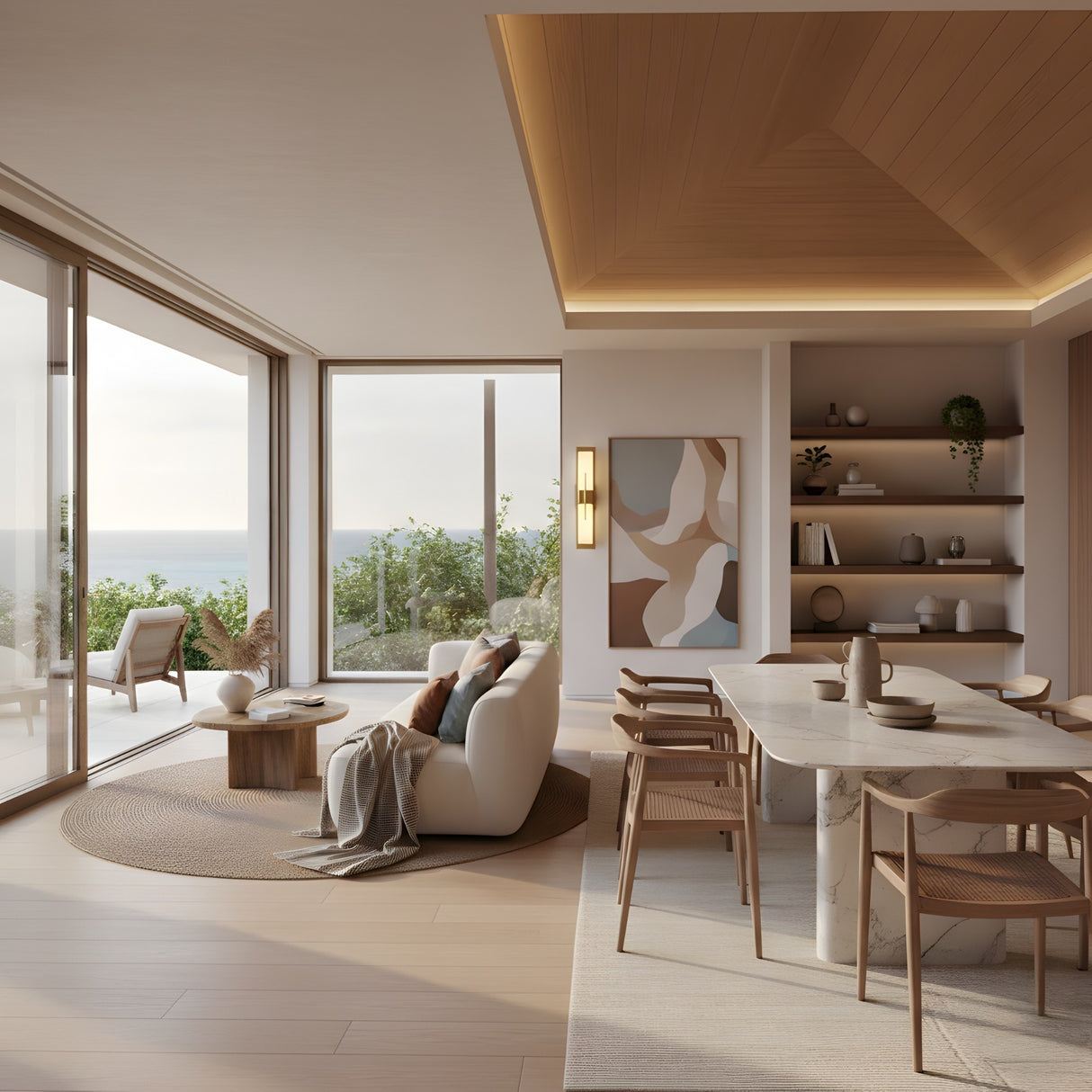 A modern, sunlit living and dining area features large windows with ocean views, neutral furniture, wood accents, abstract wall art, and a Caldera LED Small Floating-Band Alabaster Wall Light in brushed brass illuminating open decorative shelves.