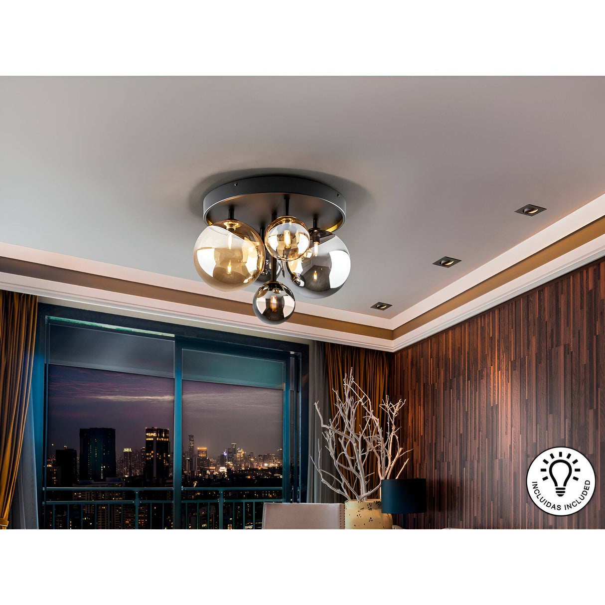 Dark 5 Light Glass Semi-Flush Ceiling Light - Black/Brass