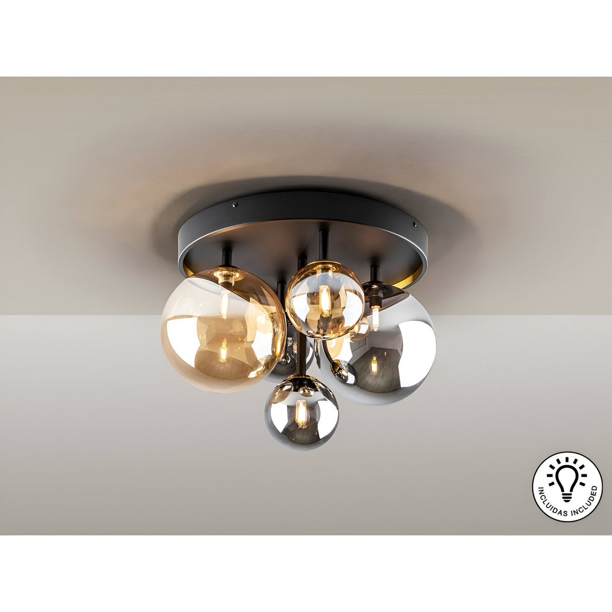 Dark 5 Light Glass Semi-Flush Ceiling Light - Black/Brass