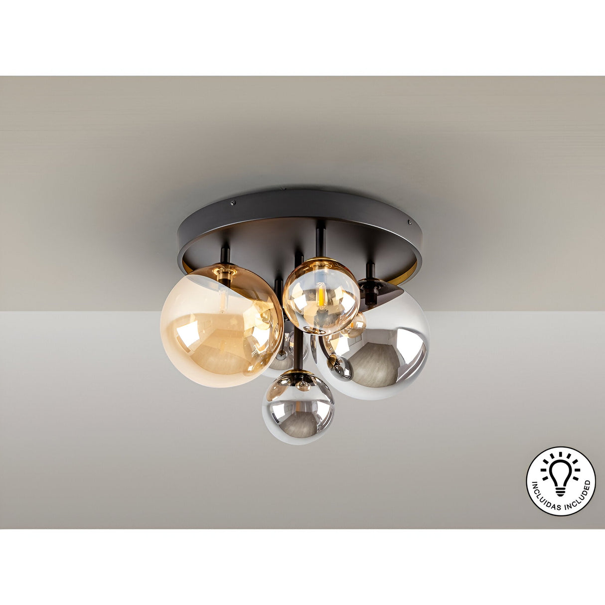 Dark 5 Light Glass Semi-Flush Ceiling Light - Black/Brass