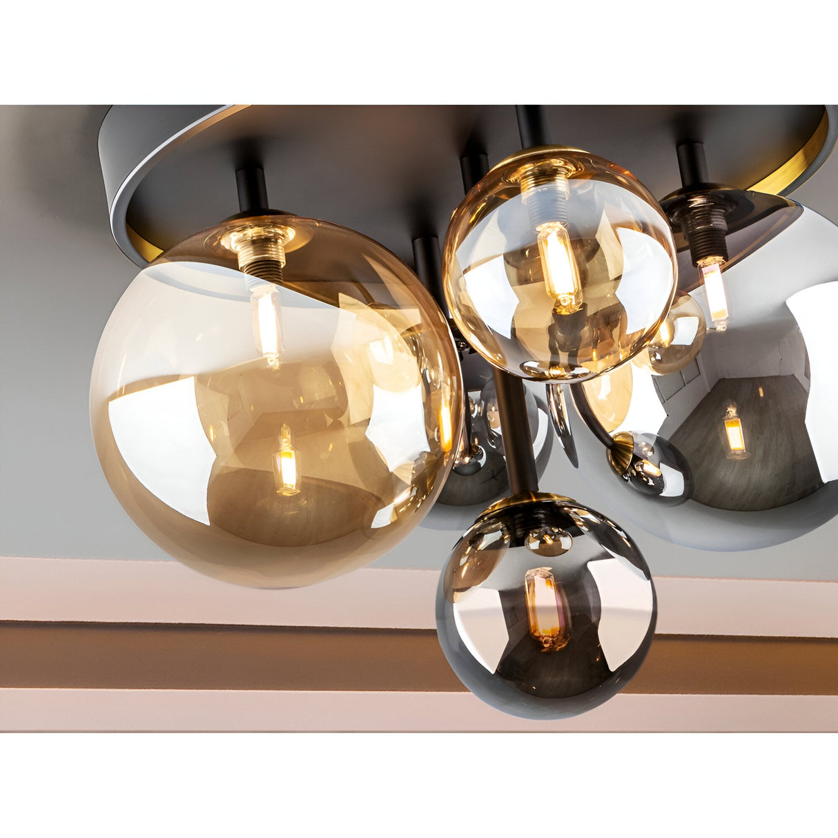 Dark 5 Light Glass Semi-Flush Ceiling Light - Black/Brass