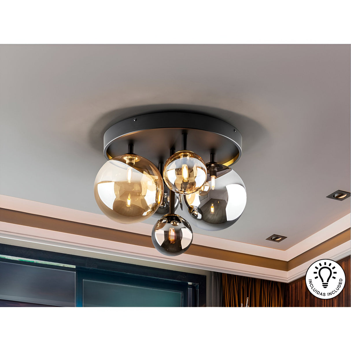 Dark 5 Light Glass Semi-Flush Ceiling Light - Black/Brass