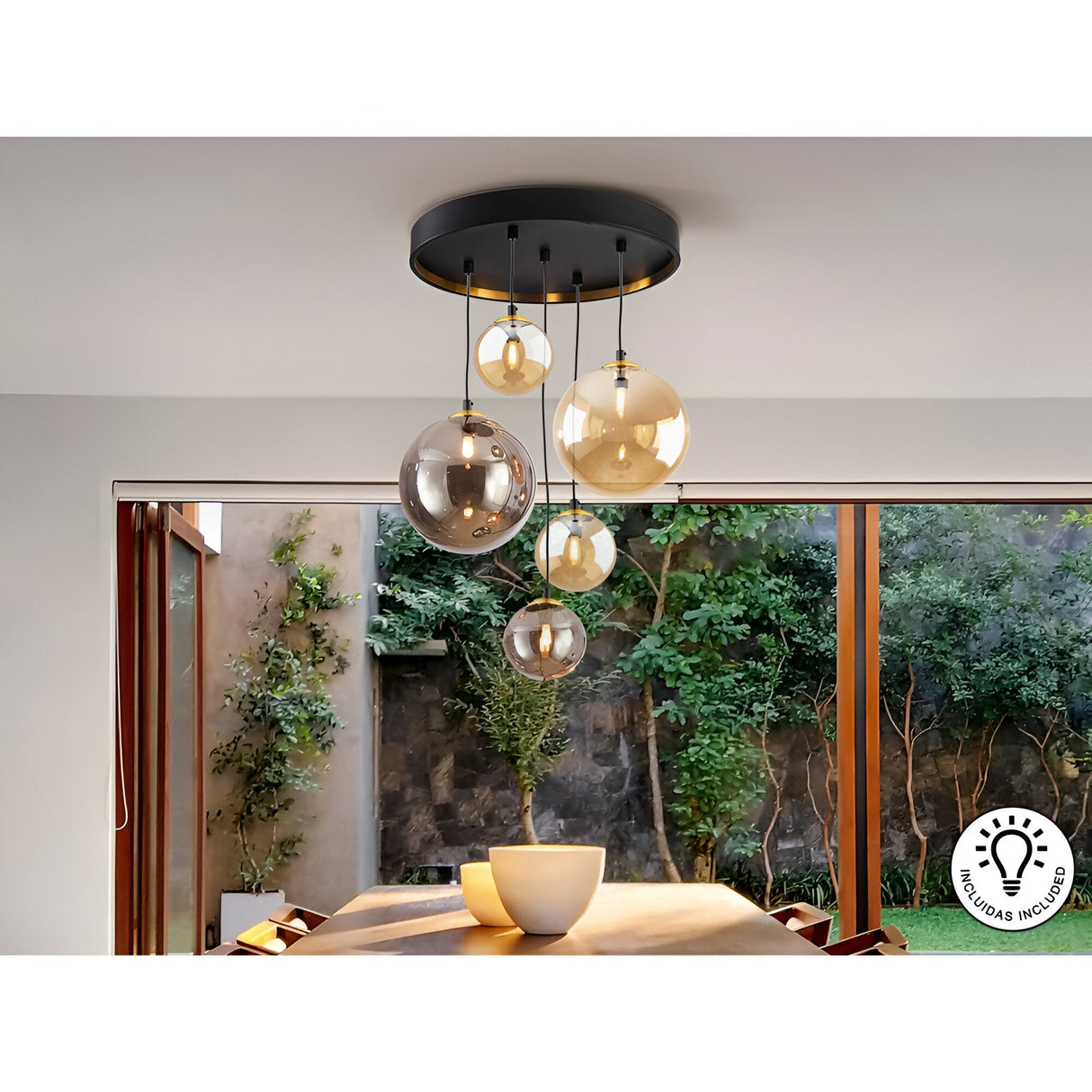 Dark 5 Light Glass Cluster Pendant Light - Amber