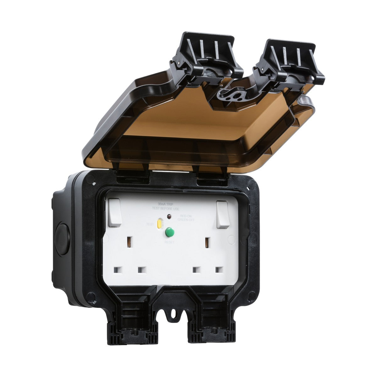 The IP66 13A 2 Gang DP RCD Switched Socket features a waterproof design suitable for outdoor use, with two plug outlets encased in a sleek black exterior. The open lid exposes a white faceplate with a green indicator light, offering RCD protection for safe operation under any weather conditions.