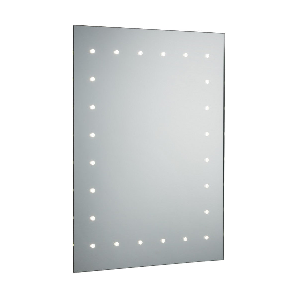 The 60x45cm LED Bathroom Mirror boasts a sleek rectangular design with small round lights evenly spaced along its edges, forming a bright, illuminated border. Its modern and minimalist aesthetic is complemented by a convenient shaver socket to enhance your grooming experience.