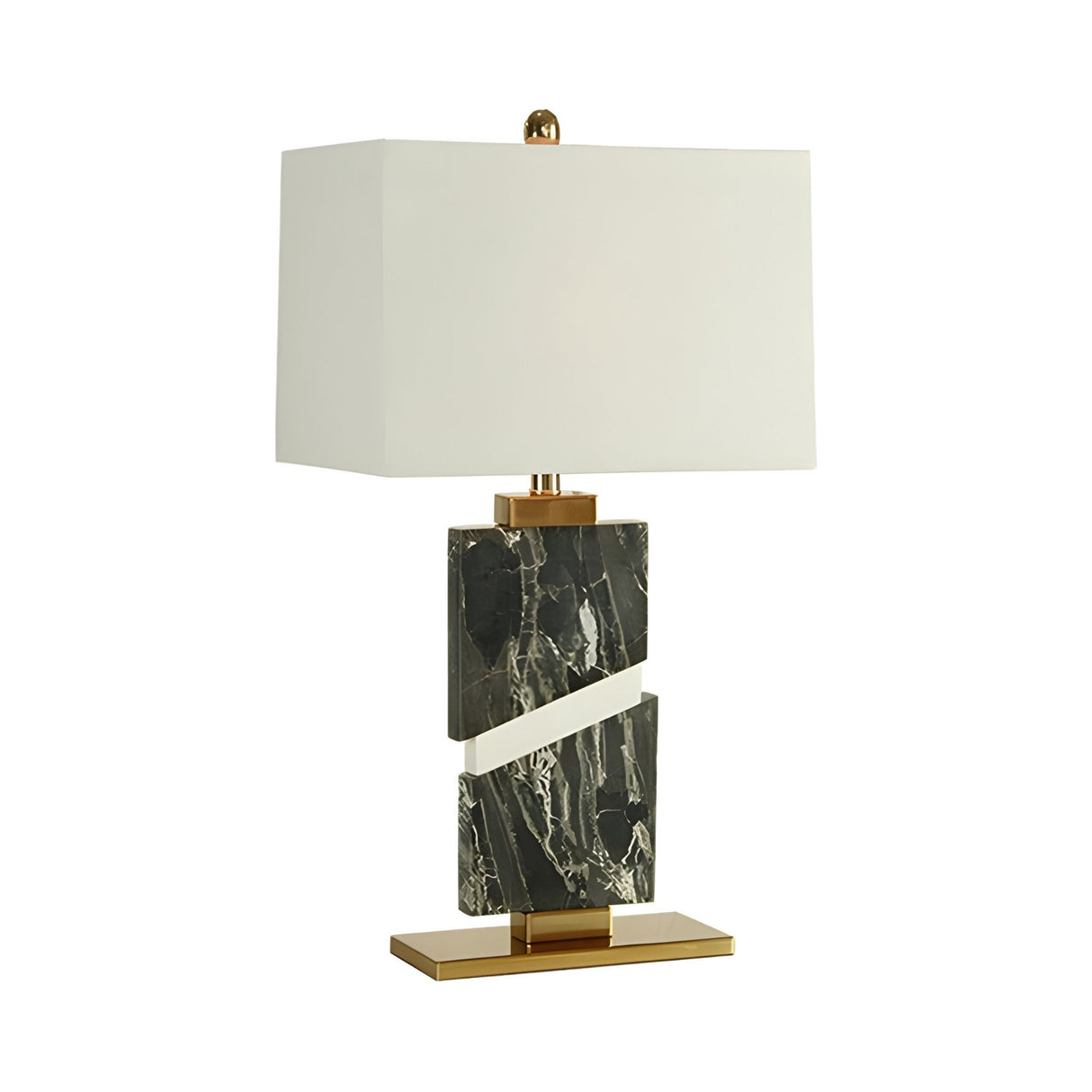 The Selvarn 1 Light Banded Marble Table Lamp features a brass base, two stacked green marble slabs with a white diagonal band at the center, and is topped with a rectangular white shade.